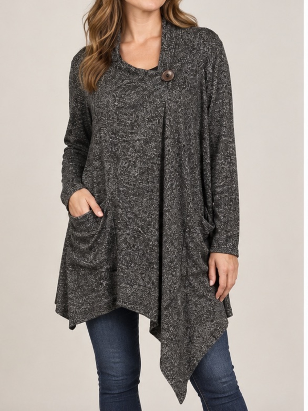 Bobeau Heather Gray Asymmetrical Draped Cardigan L Pockets